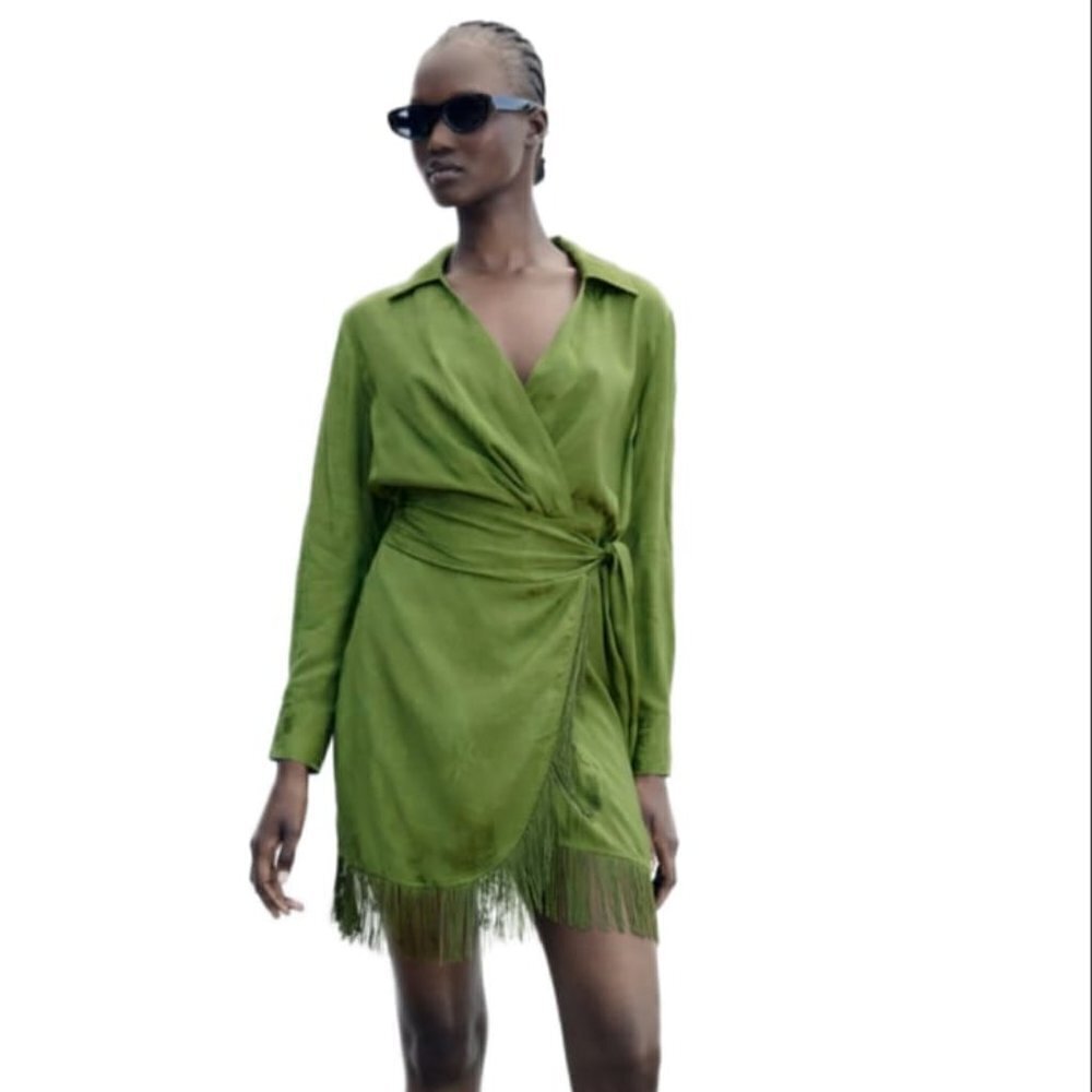 ZARA JACQUARD SURPLICE DRESS WITH FRINGING SIZE XS GREEN | 2157/035